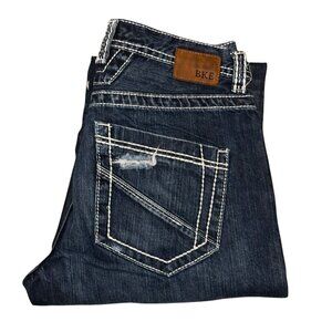 BKE Tyler Straight Leg Jeans Mens 33L 33 Dark Wash Distressed Grunge Frayed